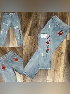 Cotton On 91 “High 90’s” Rose & Fire Embroidered Floral/Flames Distressed Jeans